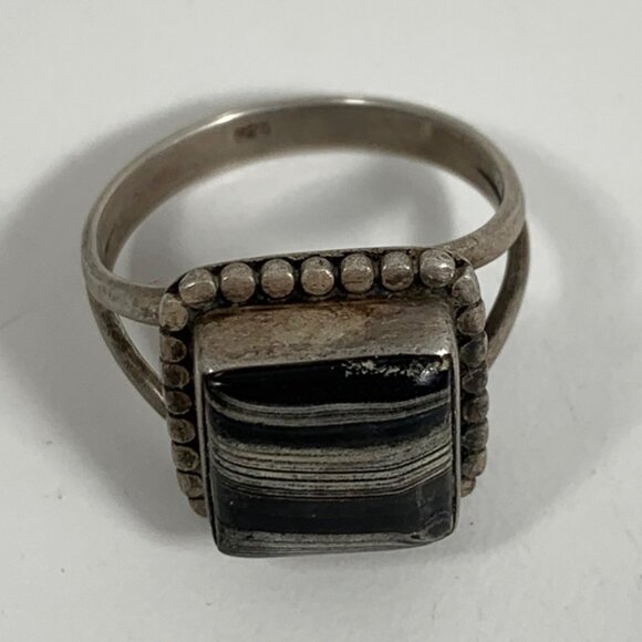 VTG 925 S/S Ring Dotted Banded Black Zebra Agate Square Stone SZ 9 WT 5.37G - Picture 5 of 7